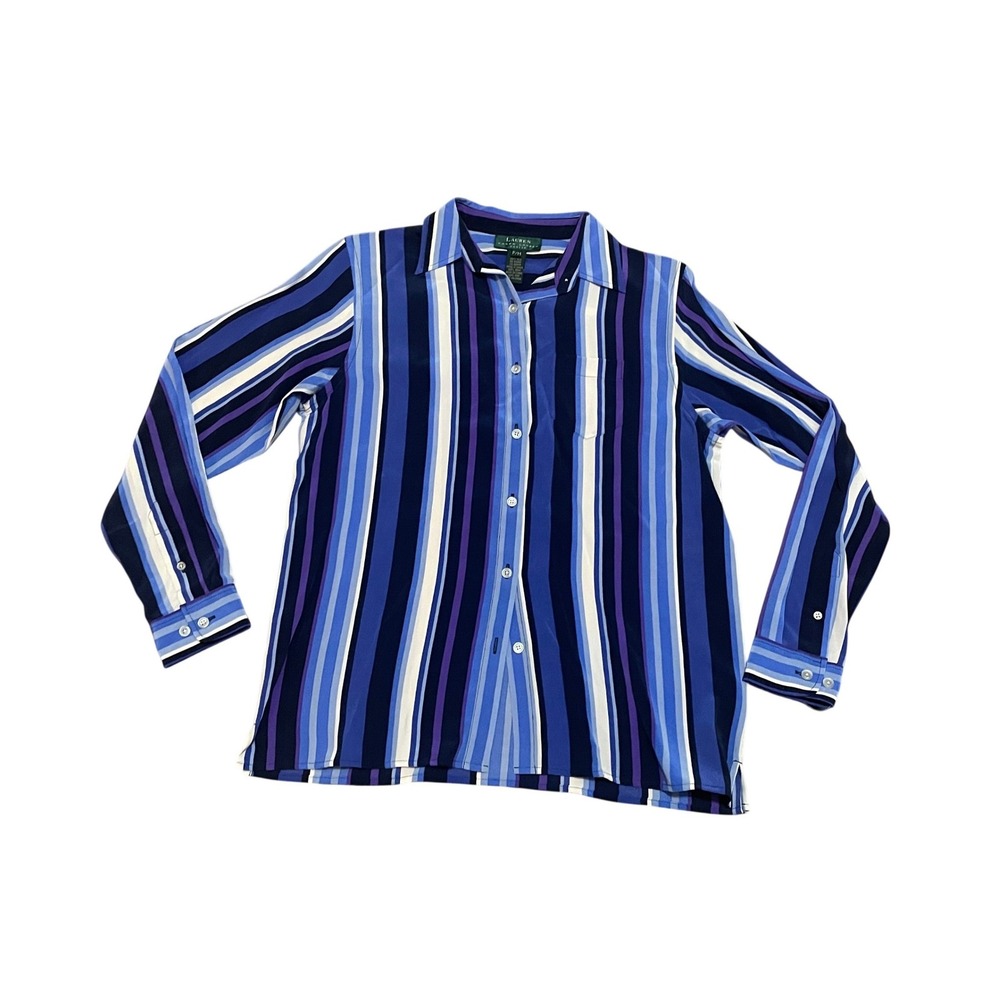 VTG Lauren Ralph Lauren Medium Petite Silk Striped Blouse Blue Purple Career NWT